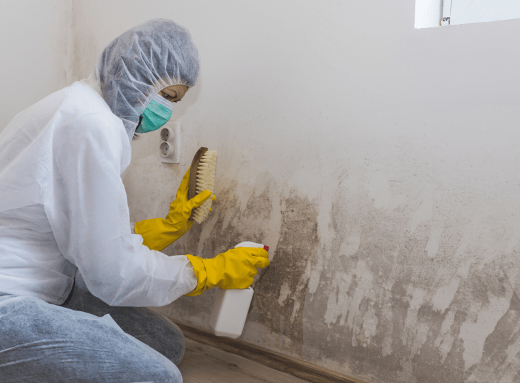 worker removing some mold of a white wall with a removing solution